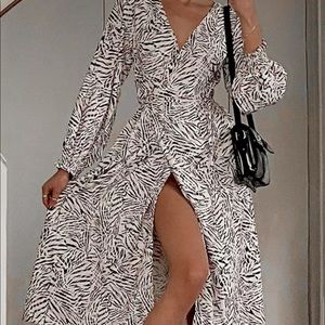 NEW Midi wrap dress zebra printed casual boho style belt slit maxi L;XL
